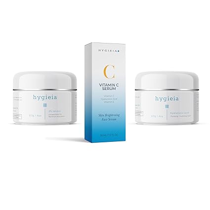 Hygieia Youthful Skin Bundle for Wrinkle Reduction: 2% Retinol Cream (4oz), Hyaluronic Acid Cream (4oz), and Vitamin C Serum (30ml)