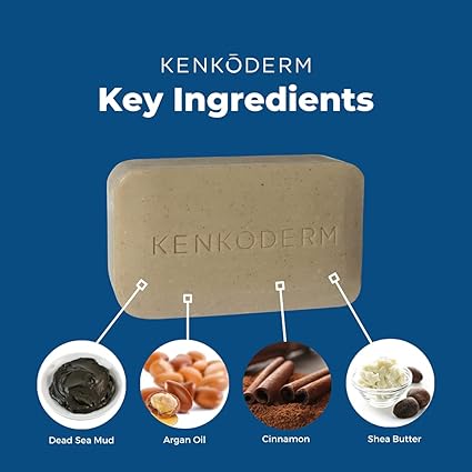 Kenkoderm Psoriasis Total Body Skin Care Bundle, (4 Packs) Dead Sea Mud Soap, 4.25 oz, Mineral Salt Soap Bar, 4.25 oz & Moisturizing Cream, 10 oz, Dermatologist Developed, Fragrance & Color Free