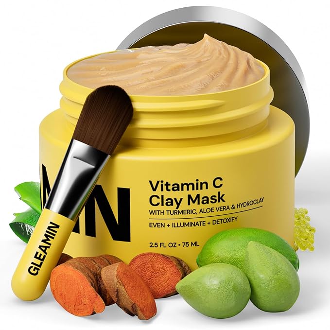 Gleamin Vitamin C Clay Mask - 10-Minutes for Dark Spots, Turmeric Face Mask Skin Care, Deep Cleansing Pores - Facial Improves Uneven Tone, Post-Blemish, Visibly Brighten, Scarring and Texture