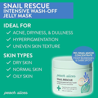 Peach Slices | Snail Rescue Intensive Treatment Wash-Off Face Mask | 95% Snail Mucin | For Dark Spots & Blemishes