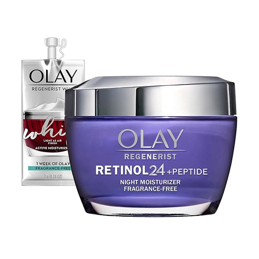 Olay Regenerist Retinol Moisturizer, Retinol 24 Night Face Cream with Niacinamide, Anti-Wrinkle Fragrance-Free 1.7 oz, Includes Olay Whip Travel Size for Dry Skin