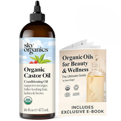 Sky Organics Organic Castor Oil (16 oz) USDA Certified Organic, 100% Pure, Cold Pressed, Hexane Free, Boost Hair Growth, Use with Castor Oil Pack