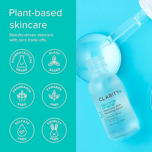 ClarityRx Daily Dose of Water Hyaluronic Acid Hydrating Face Serum, Natural Plant-Based Daily Moisturizing Treatment for Dry, Dull Skin